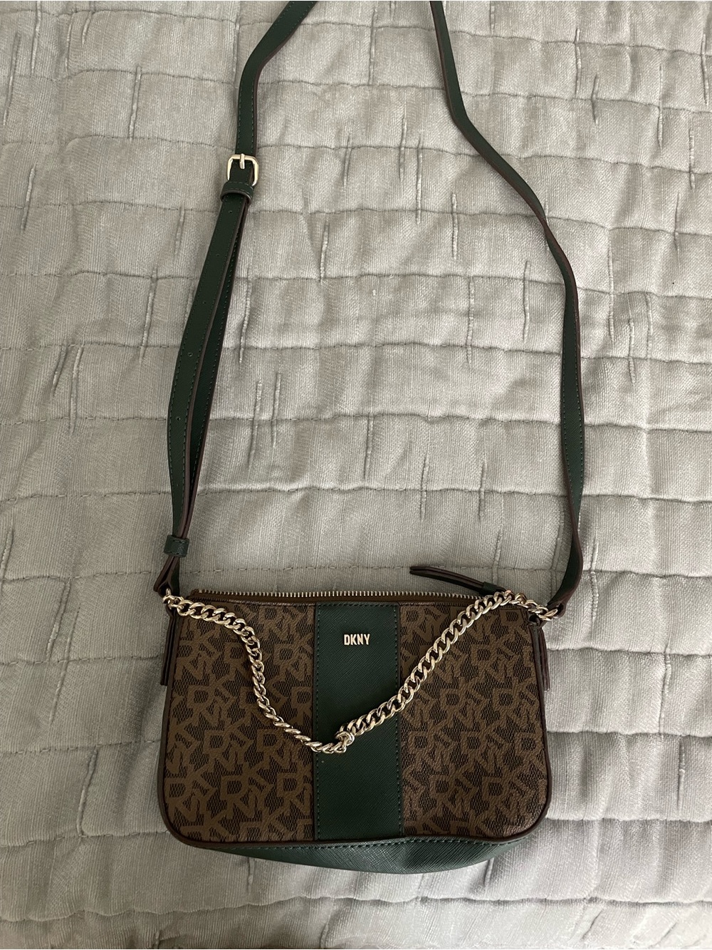 DKNY Brown Monogram Crossbody with Dark Green Trim